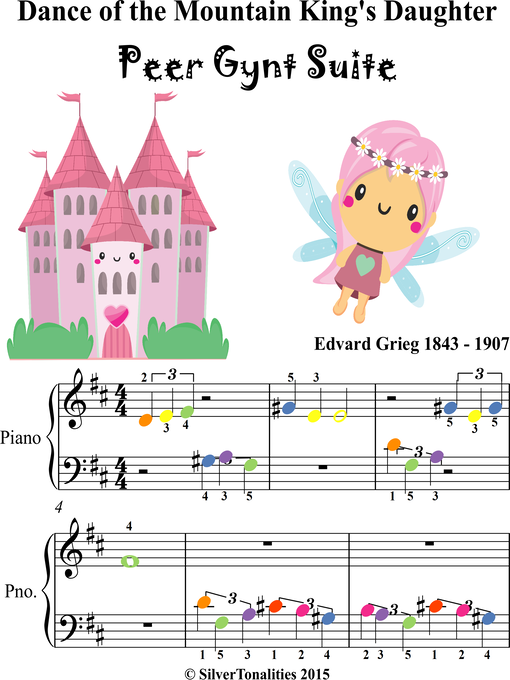 Cover image for Dance of the Mountain King's Daughter Peer Gynt Beginner Piano Sheet Music with Colored Notes
